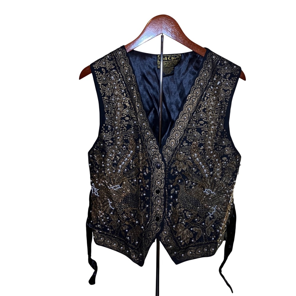 Bali Chic Vest Women XL Black Gold  Beaded Peacock Embroidered Boho Tie